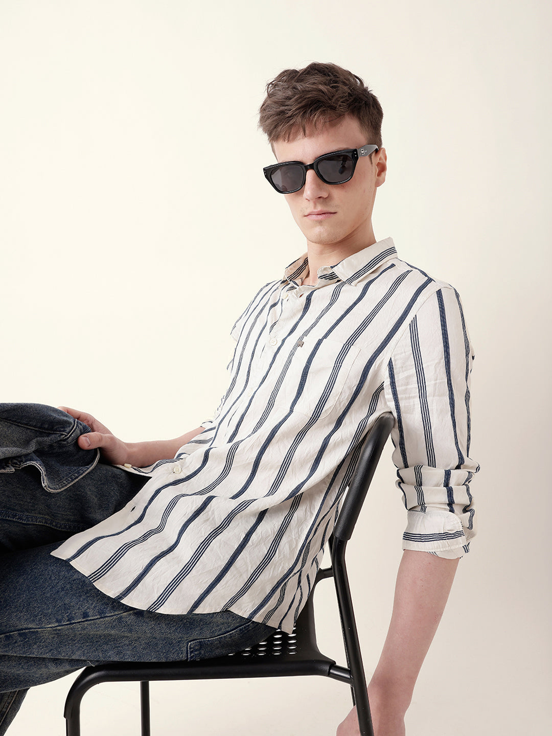 Blue & Cream Vertical Woven Stripe Slim Fit Casual Shirt