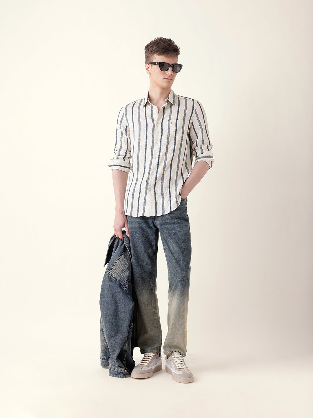 Blue & Cream Vertical Woven Stripe Slim Fit Casual Shirt