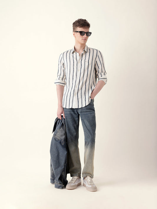 Blue & Cream Vertical Woven Stripe Slim Fit Casual Shirt