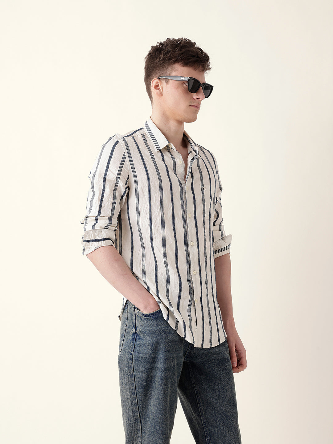 Blue & Cream Vertical Woven Stripe Slim Fit Casual Shirt