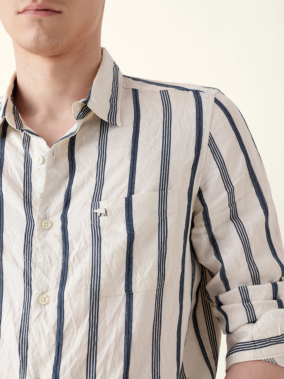 Blue & Cream Vertical Woven Stripe Slim Fit Casual Shirt
