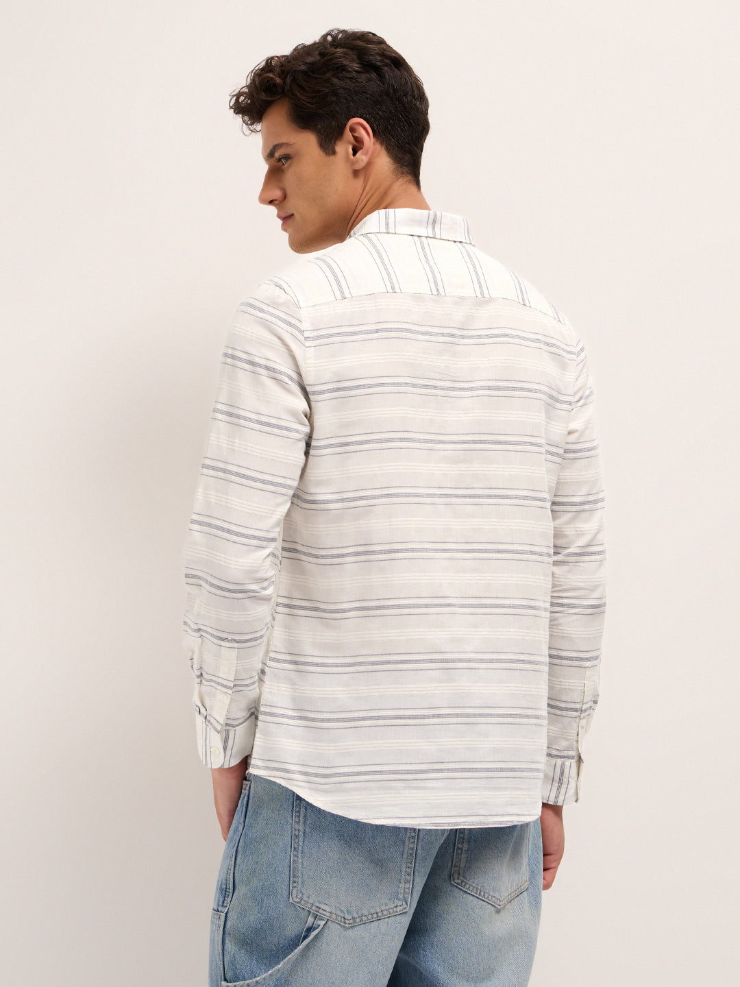 White & Blue Slim Fit Casual Shirt with Woven Horizontal Textured Stripes