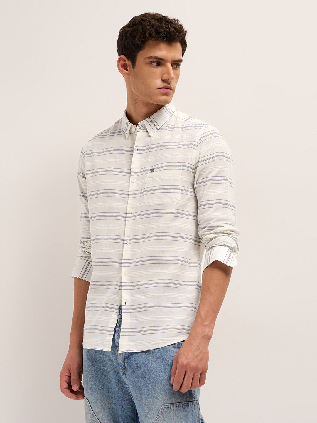 White & Blue Slim Fit Casual Shirt with Woven Horizontal Textured Stripes