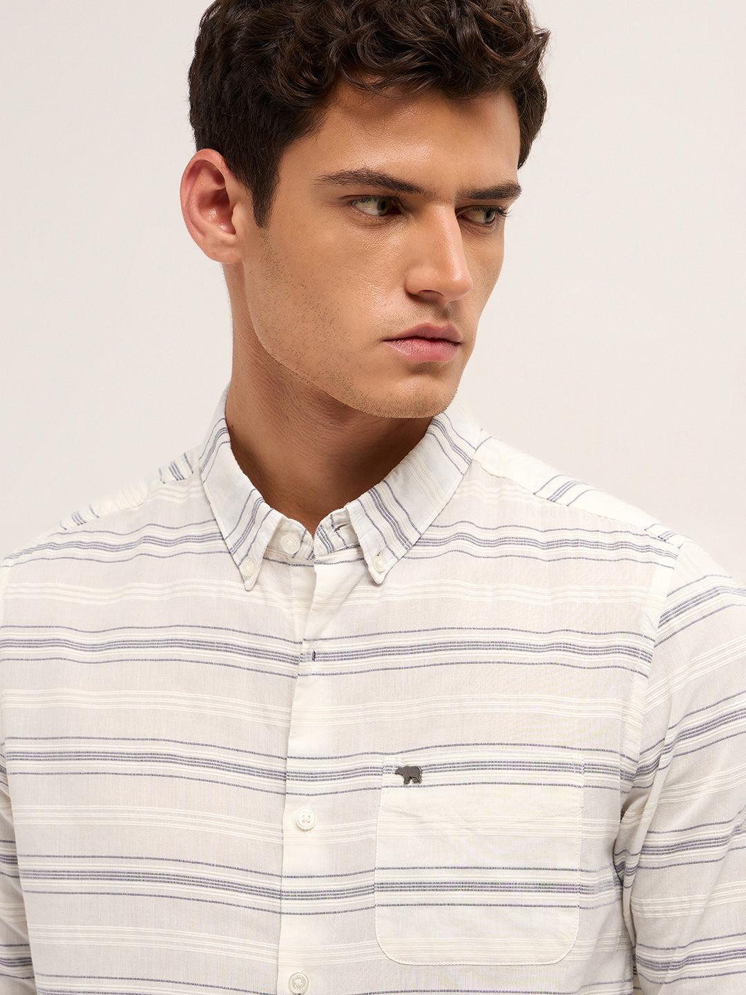 White & Blue Slim Fit Casual Shirt with Woven Horizontal Textured Stripes