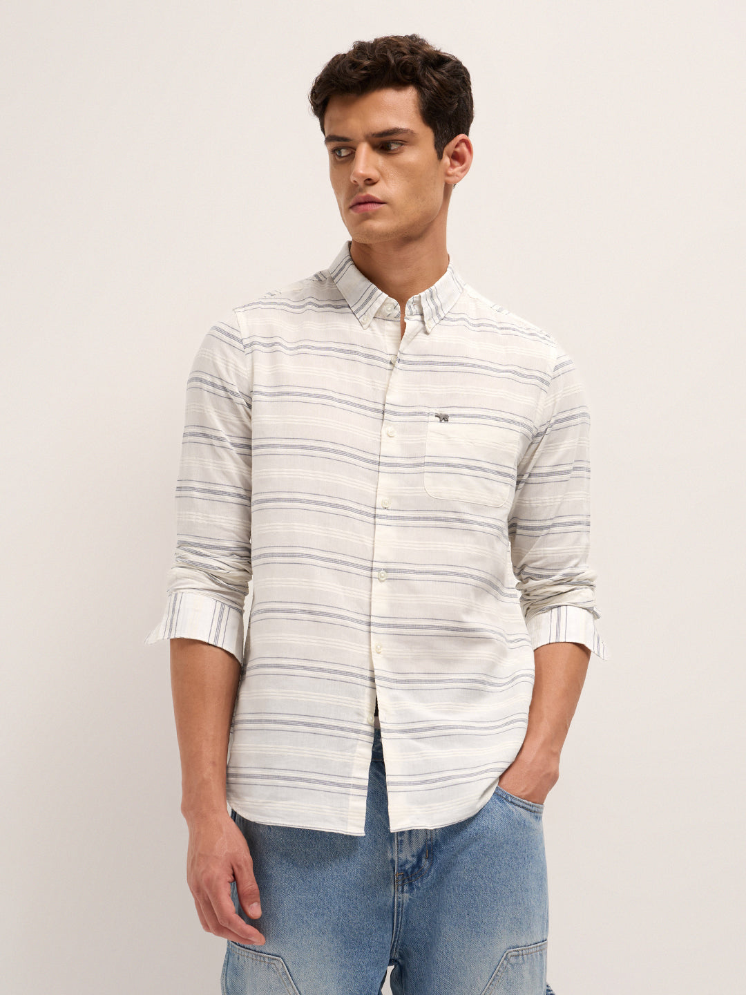 White & Blue Slim Fit Casual Shirt with Woven Horizontal Textured Stripes
