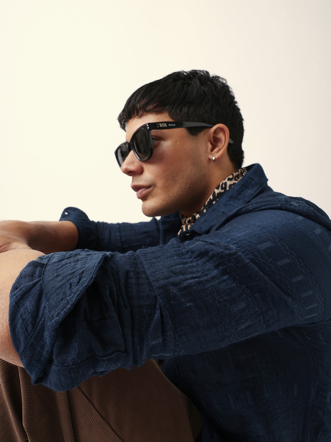Blue Textured Woven Self-Design Slim Fit Casual Shirt
