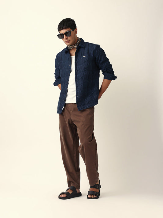 Blue Textured Woven Self-Design Slim Fit Casual Shirt