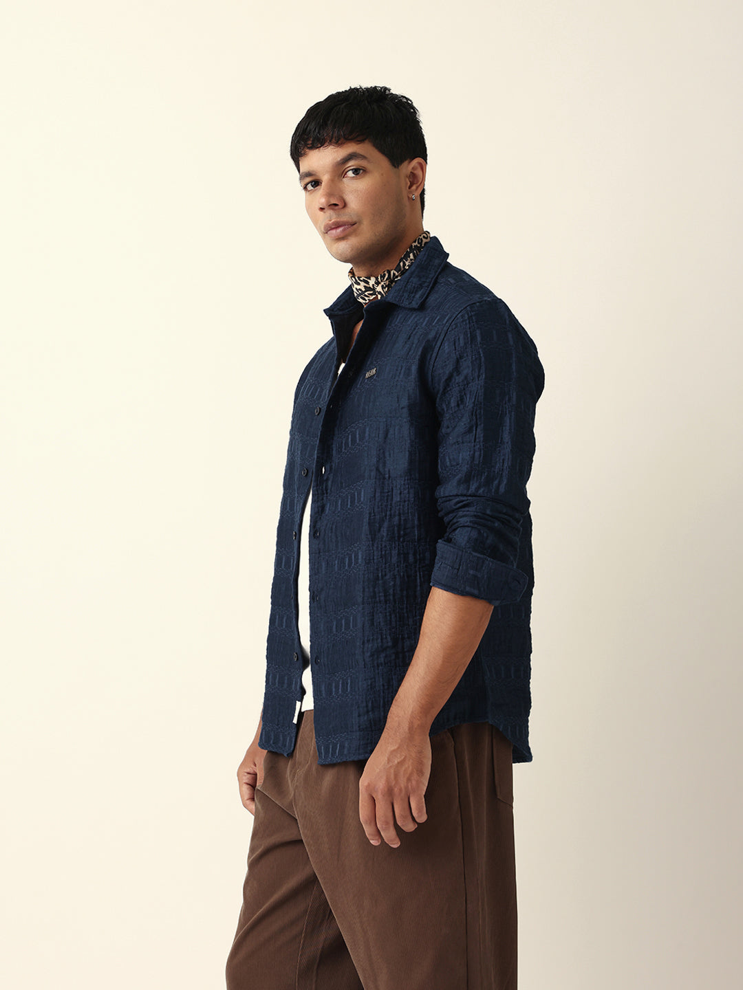 Blue Textured Woven Self-Design Slim Fit Casual Shirt