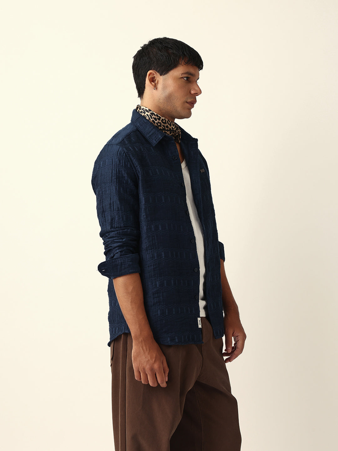 Blue Textured Woven Self-Design Slim Fit Casual Shirt