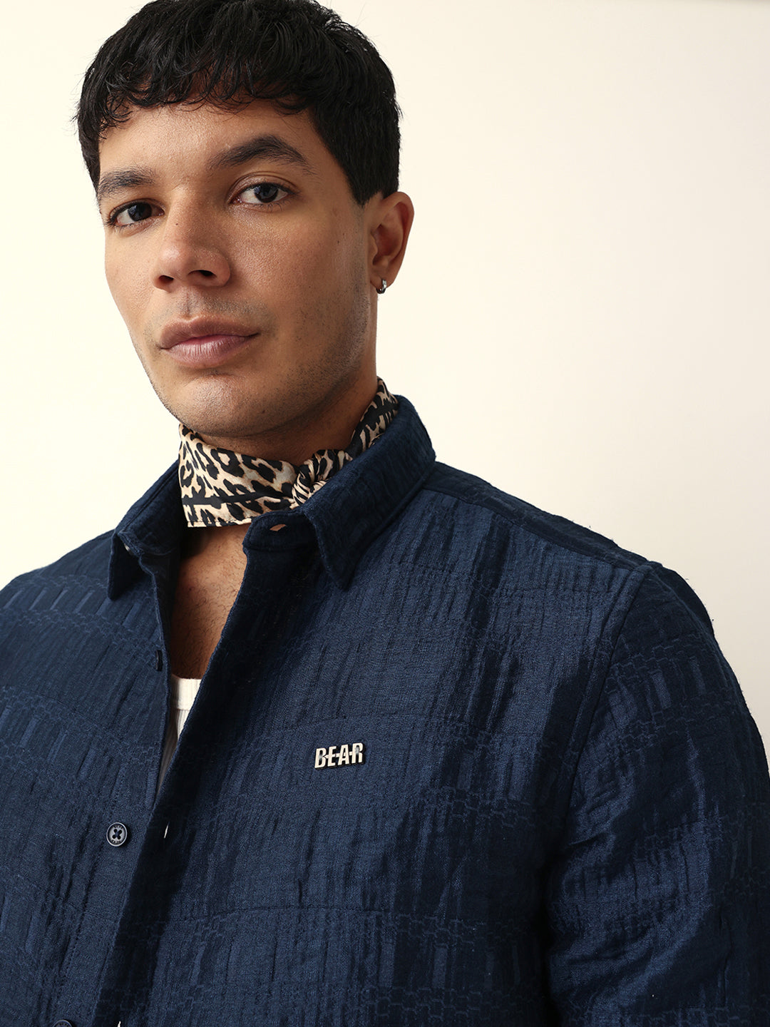 Blue Textured Woven Self-Design Slim Fit Casual Shirt