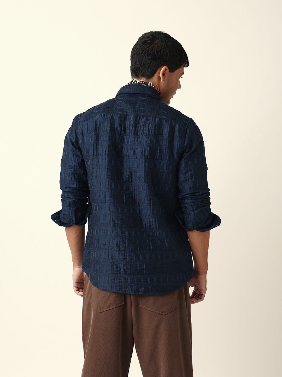 Blue Textured Woven Self-Design Slim Fit Casual Shirt