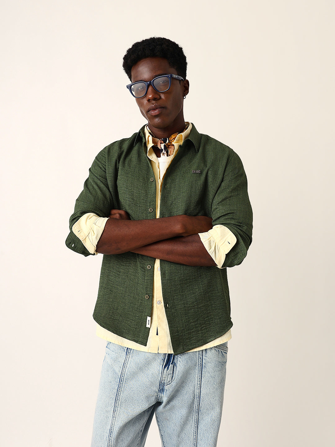 Olive Woven Textured Slim Fit Casual Shirt