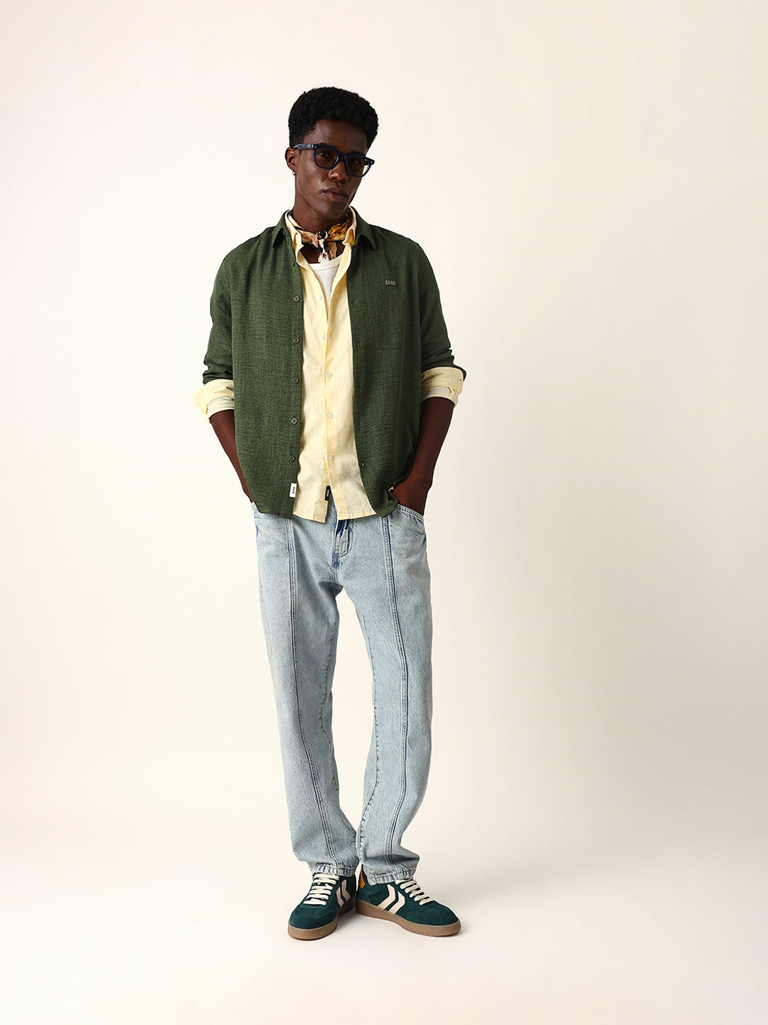 Olive Woven Textured Slim Fit Casual Shirt