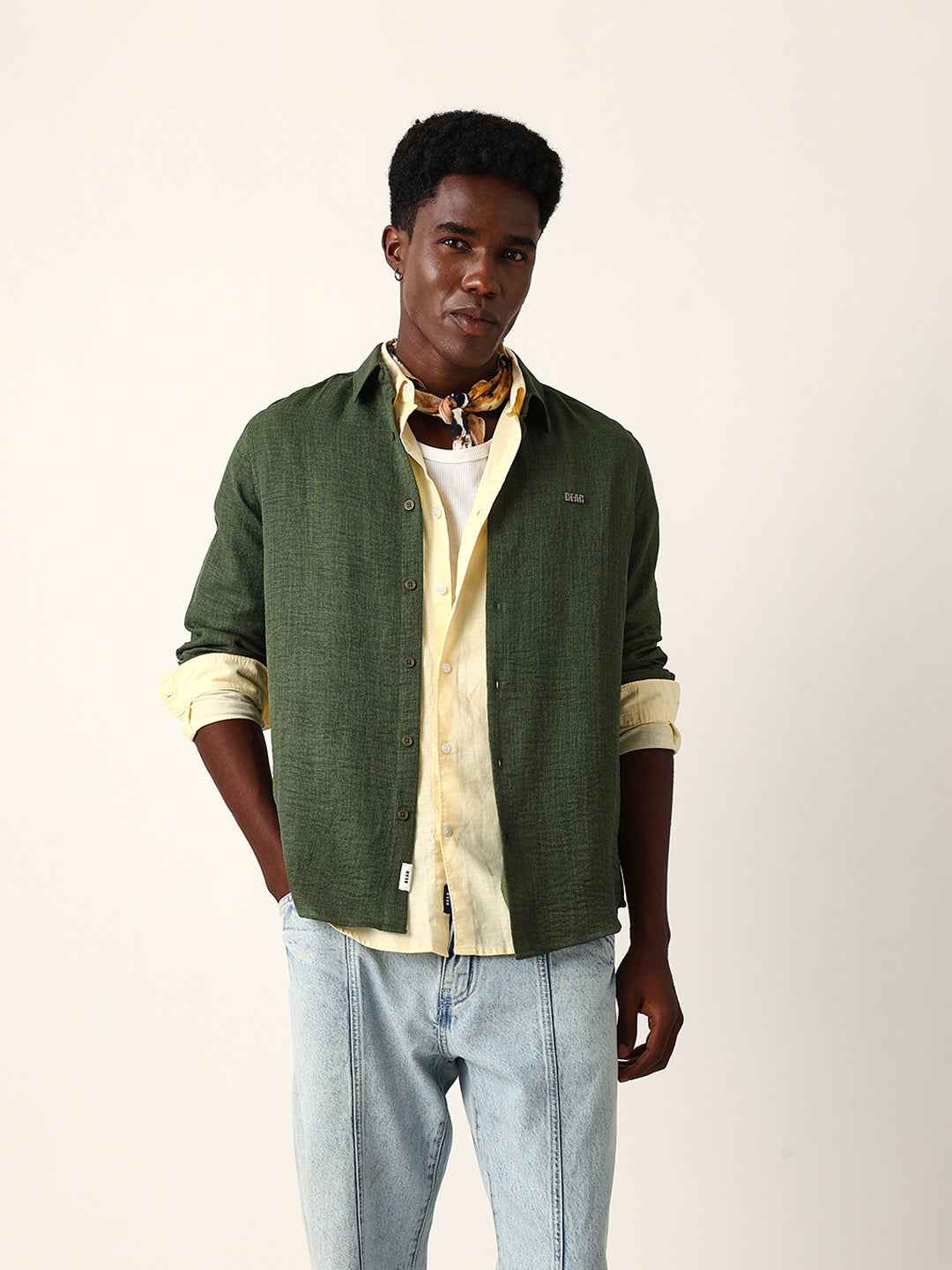 Olive Woven Textured Slim Fit Casual Shirt