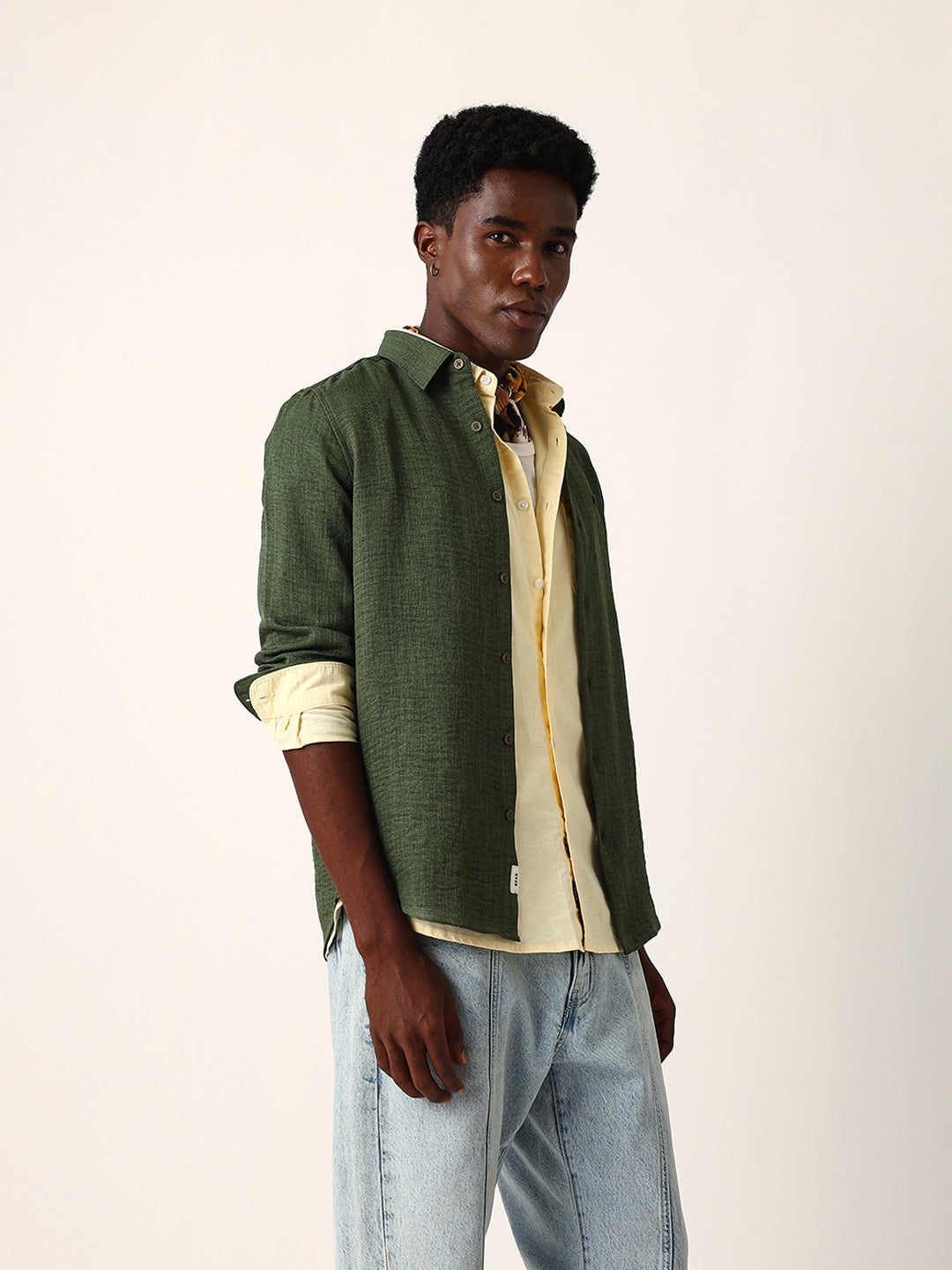 Olive Woven Textured Slim Fit Casual Shirt