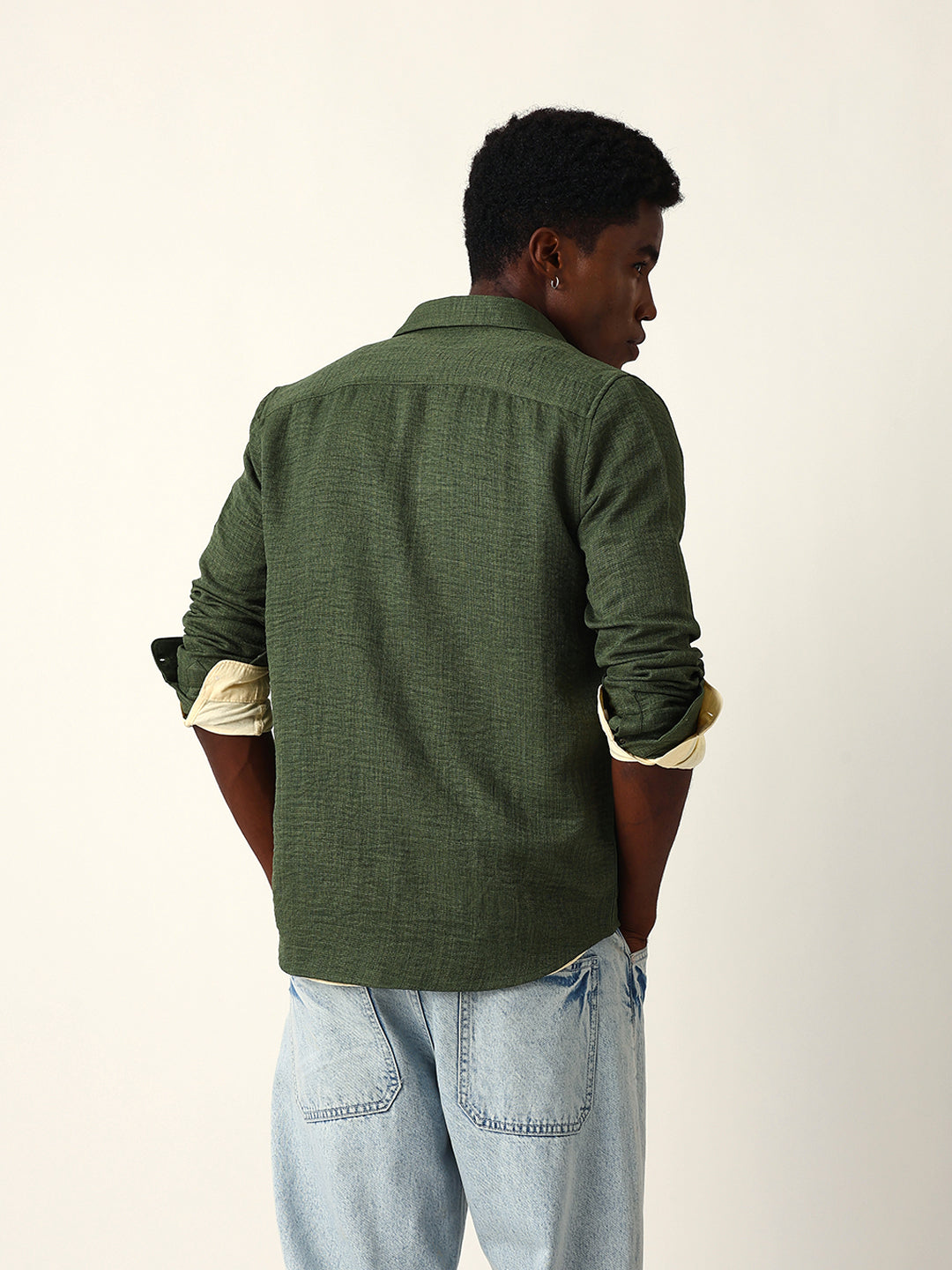 Olive Woven Textured Slim Fit Casual Shirt