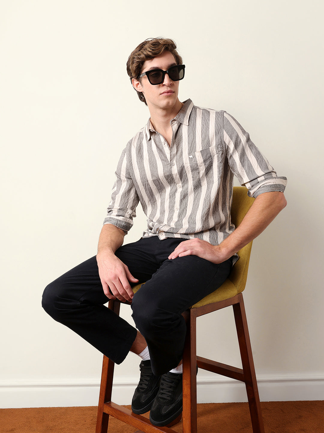 Beige Regular Fit Vertical Crinkle Stripe Casual Shirt