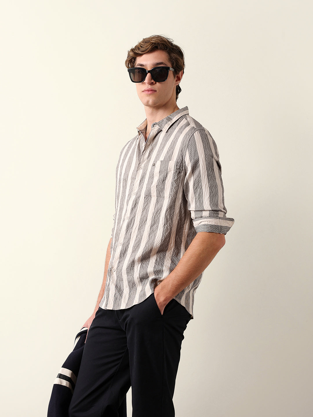 Beige Regular Fit Vertical Crinkle Stripe Casual Shirt