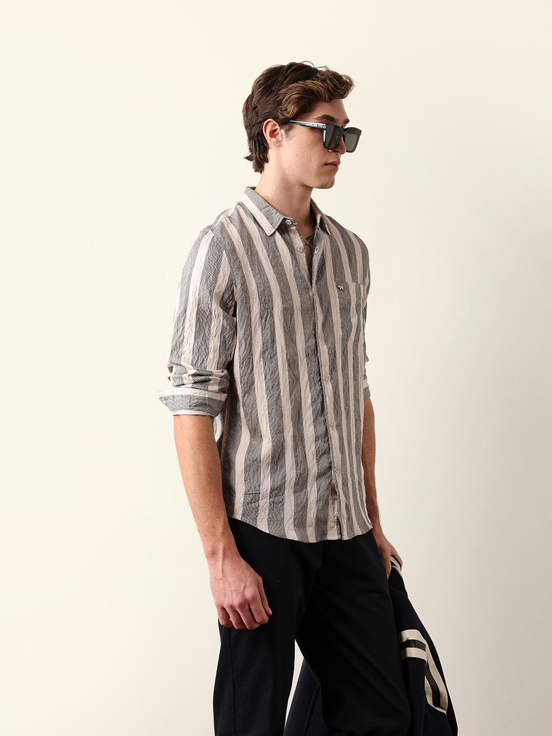 Beige Regular Fit Vertical Crinkle Stripe Casual Shirt