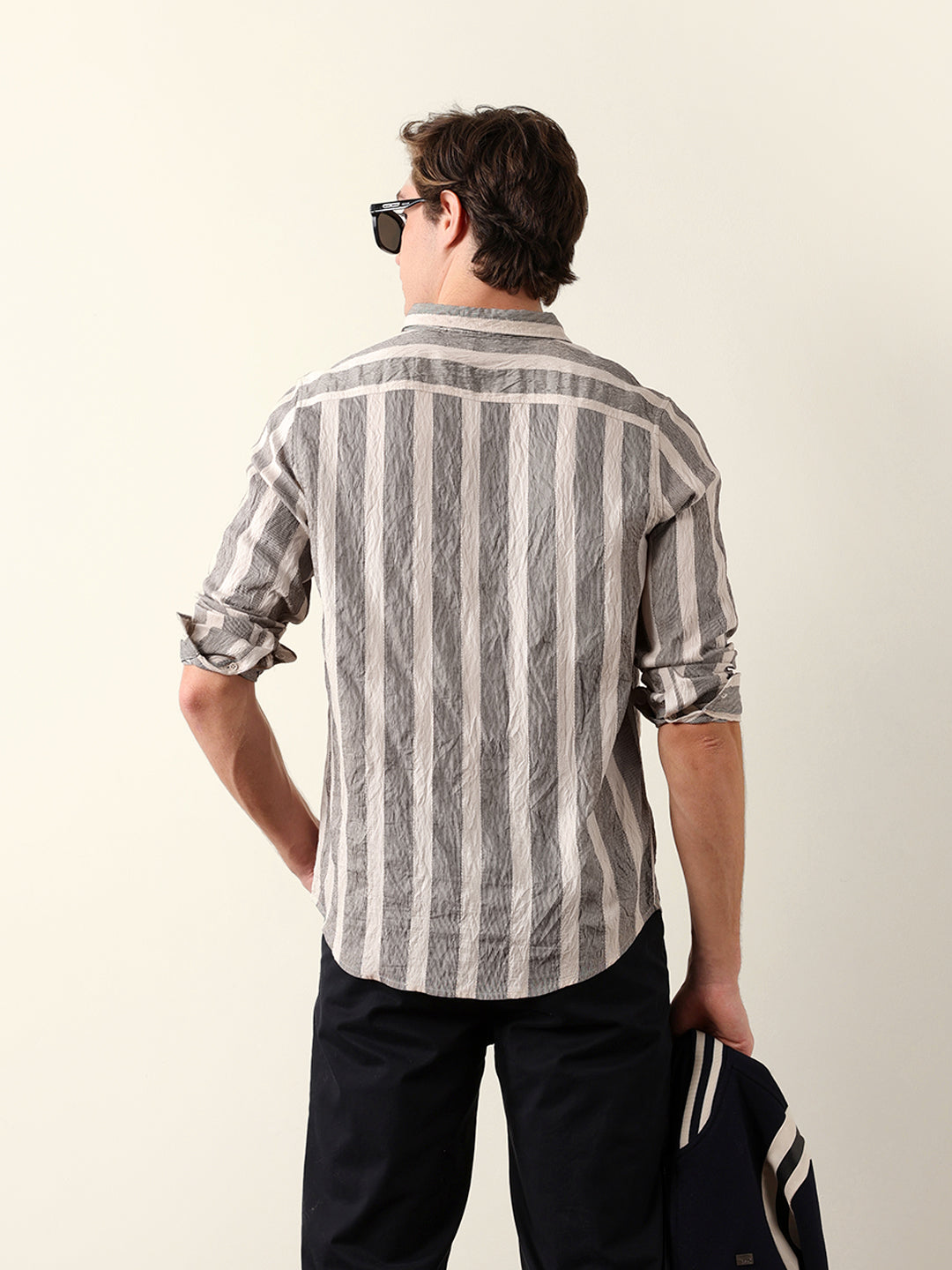 Beige Regular Fit Vertical Crinkle Stripe Casual Shirt