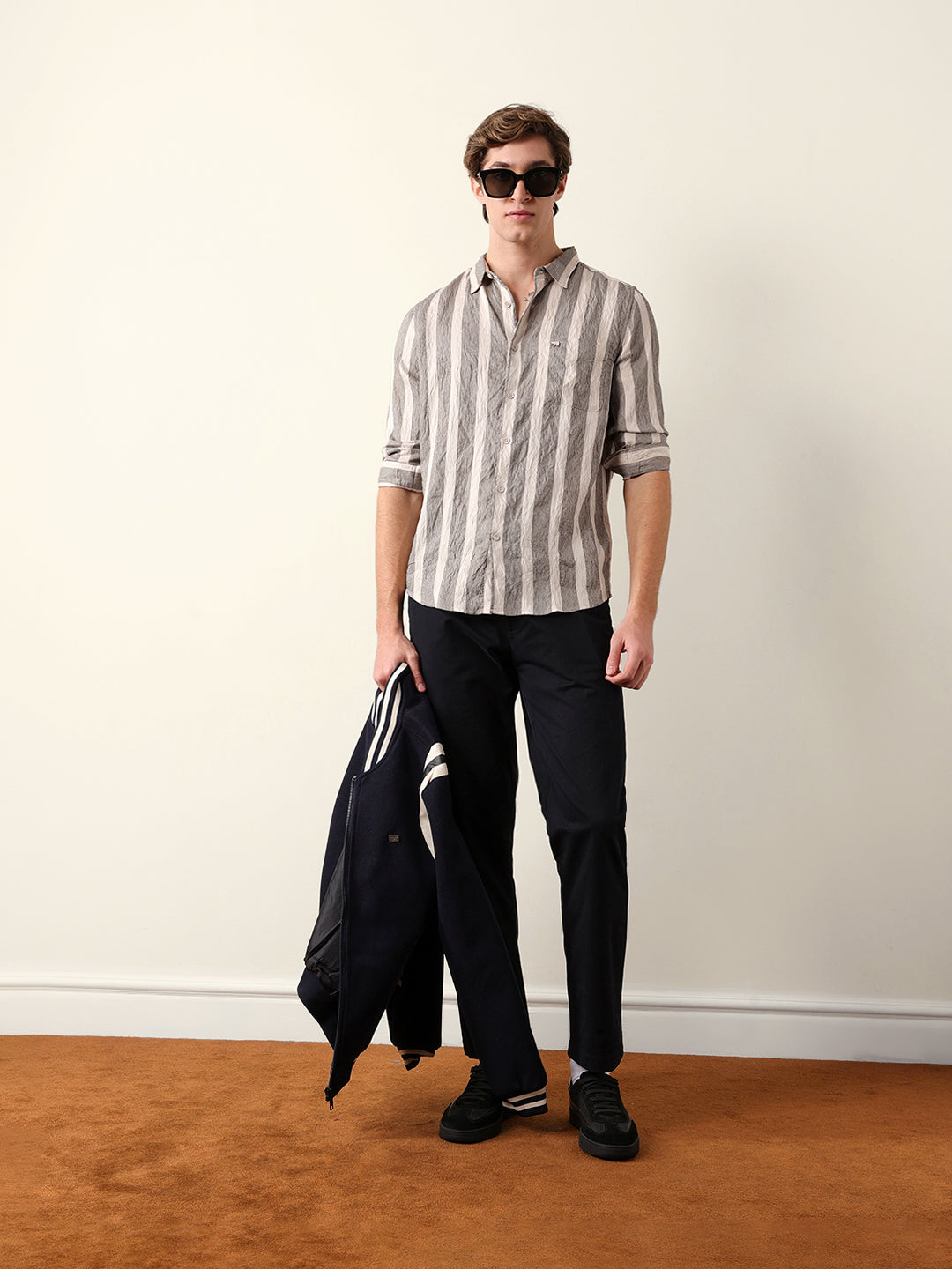 Beige Regular Fit Vertical Crinkle Stripe Casual Shirt