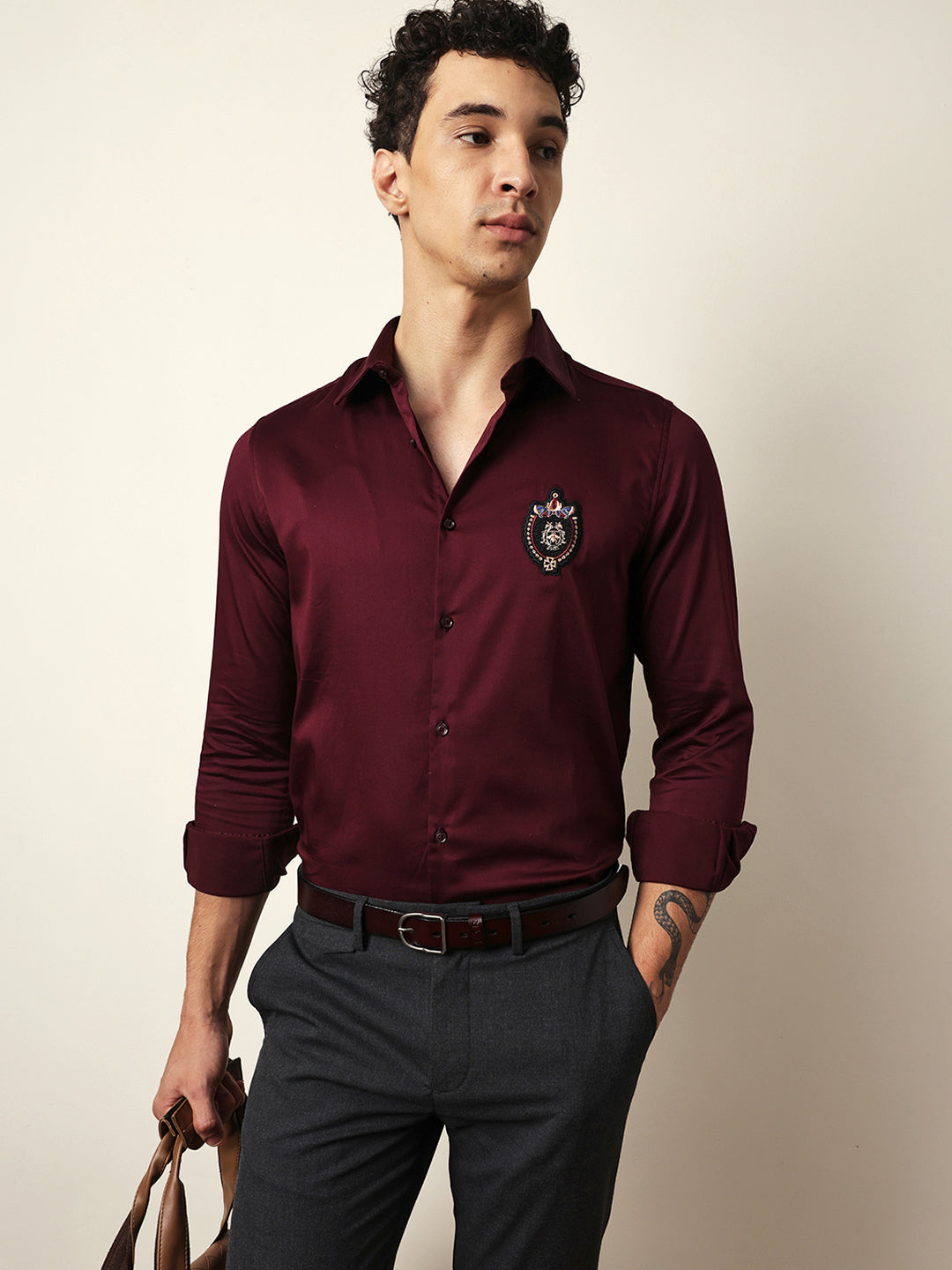 Maroon Tailored Fit Regal Crest Embroidery Formal Party Shirt