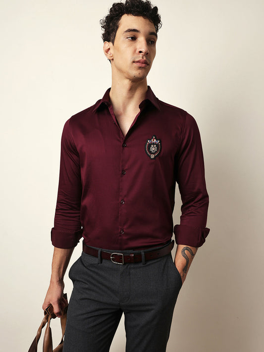 Maroon Tailored Fit Regal Crest Embroidery Formal Party Shirt