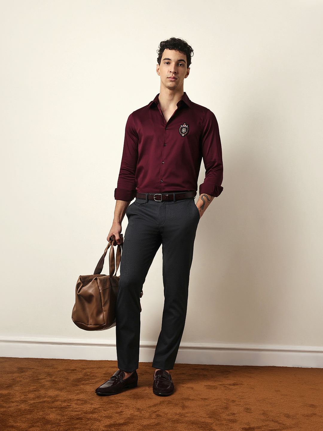 Maroon Tailored Fit Regal Crest Embroidery Formal Party Shirt