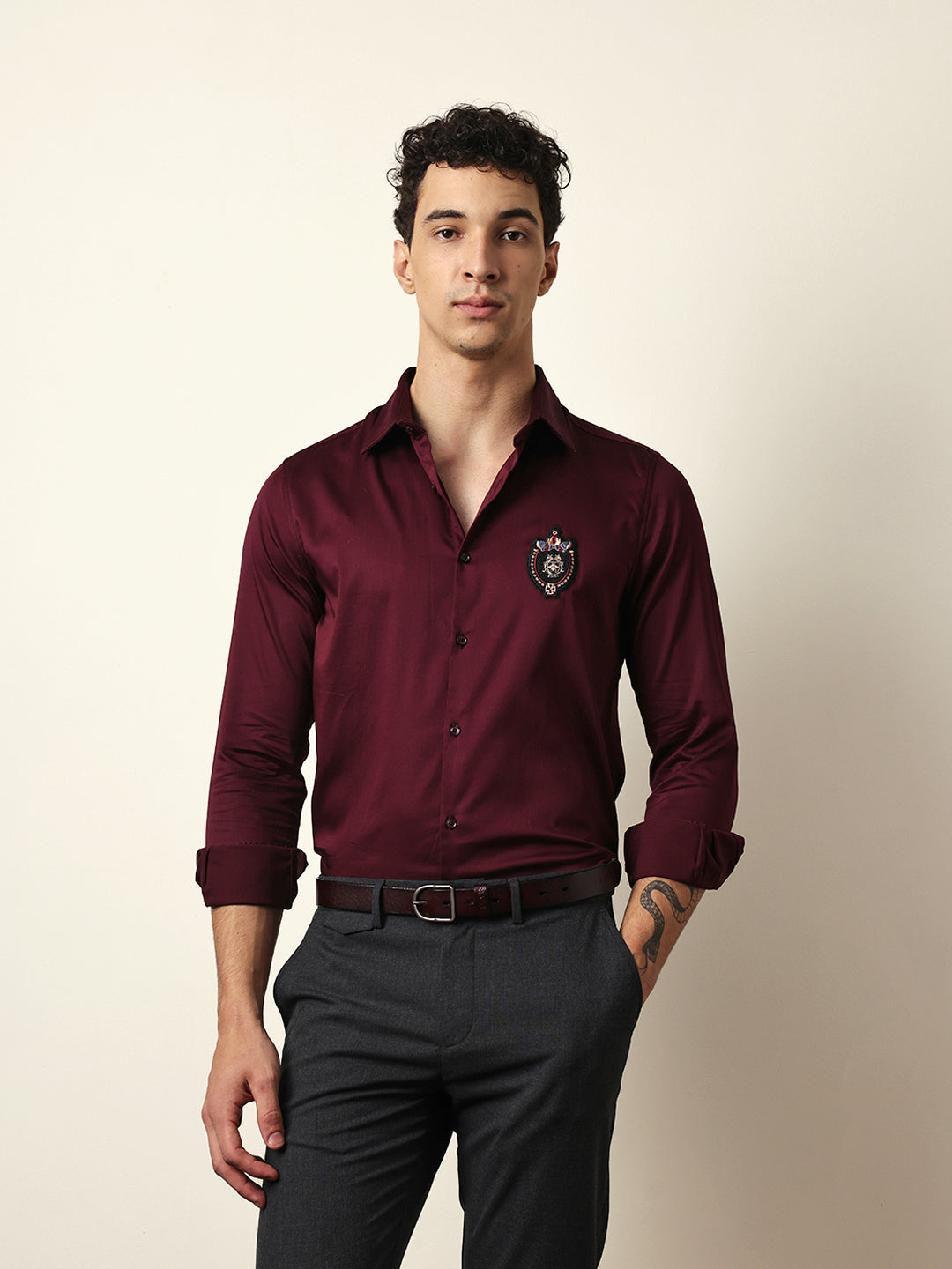 Maroon Tailored Fit Regal Crest Embroidery Formal Party Shirt