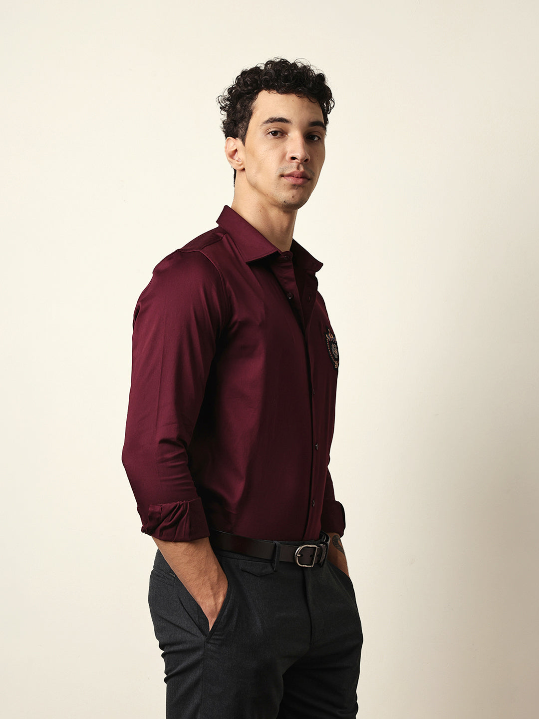 Maroon Tailored Fit Regal Crest Embroidery Formal Party Shirt