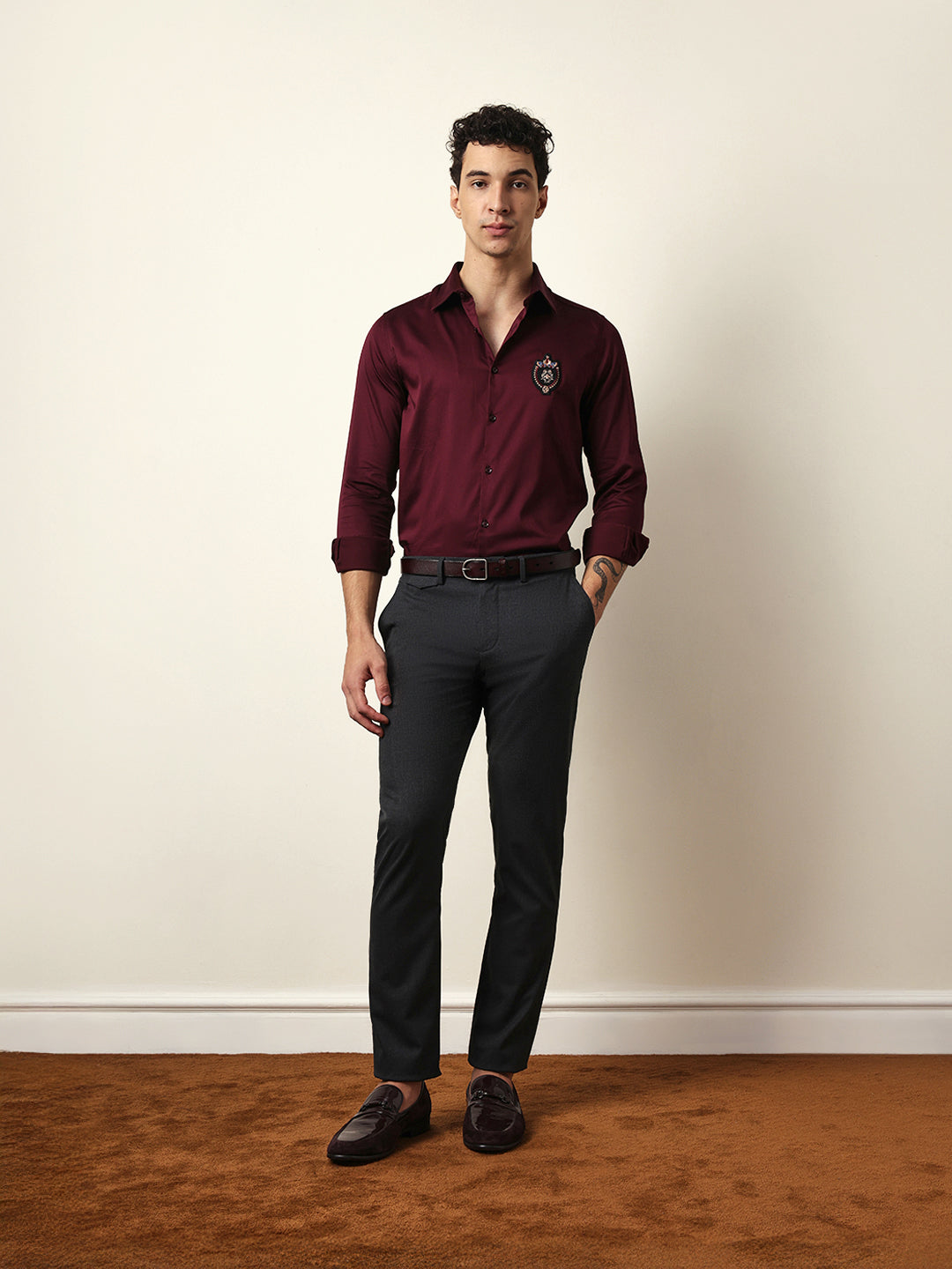 Maroon Tailored Fit Regal Crest Embroidery Formal Party Shirt