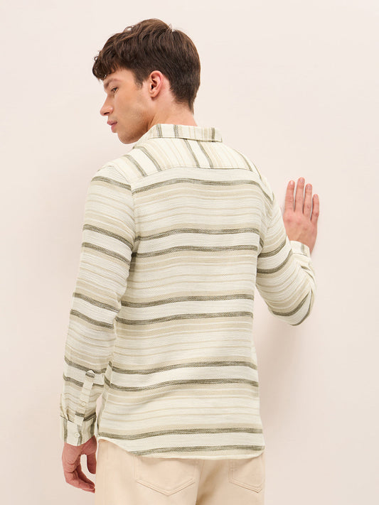 Beige Slim Fit Casual Shirt with Woven Horizontal Textured Stripes