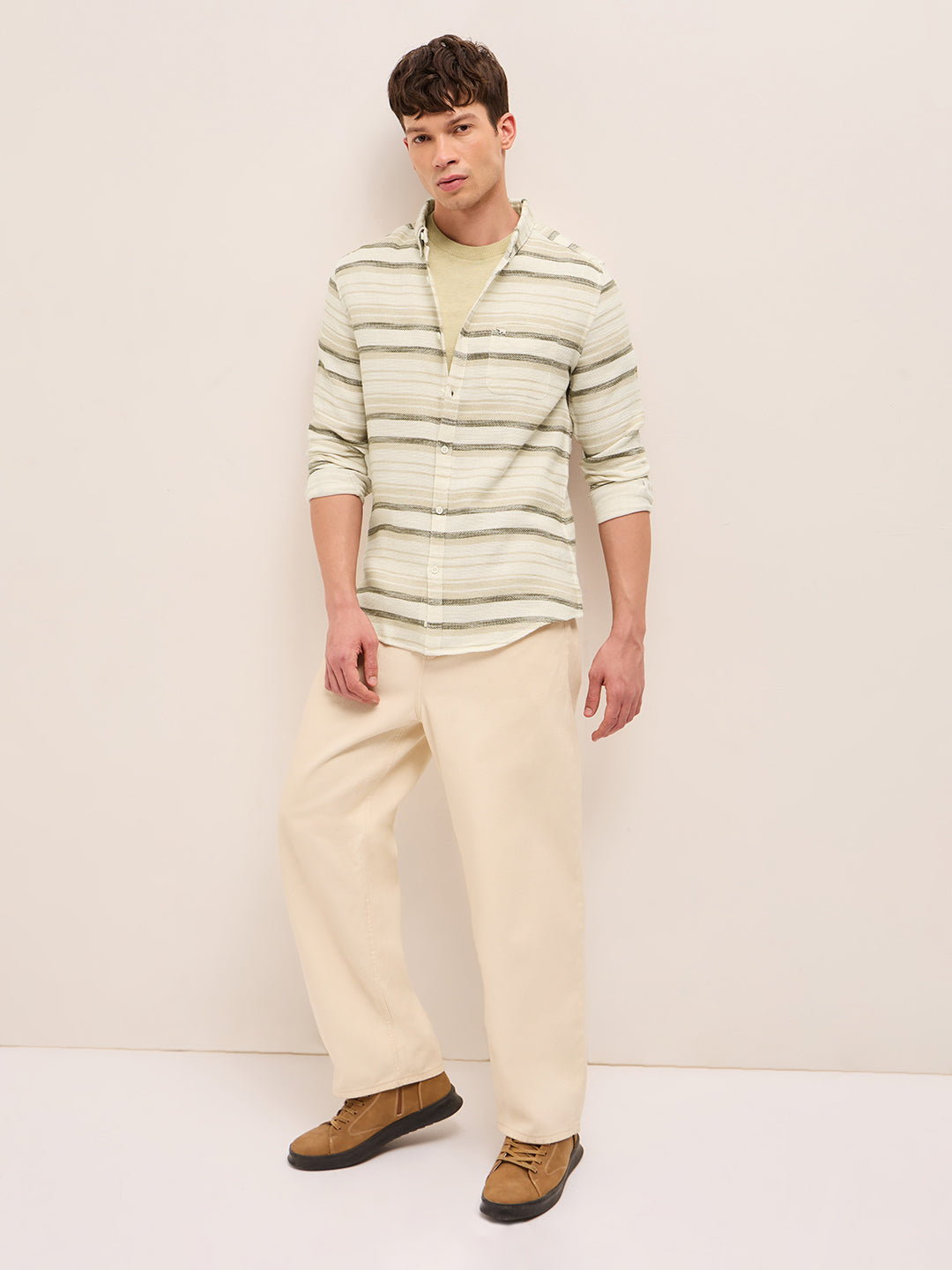 Beige Slim Fit Casual Shirt with Woven Horizontal Textured Stripes