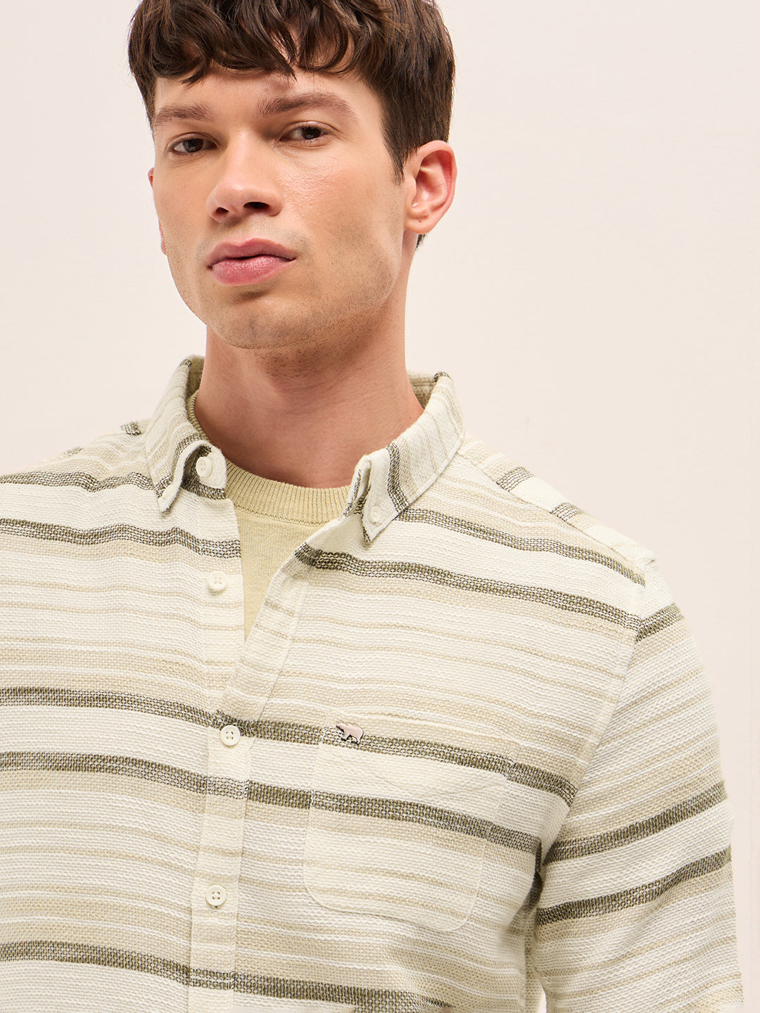 Beige Slim Fit Casual Shirt with Woven Horizontal Textured Stripes