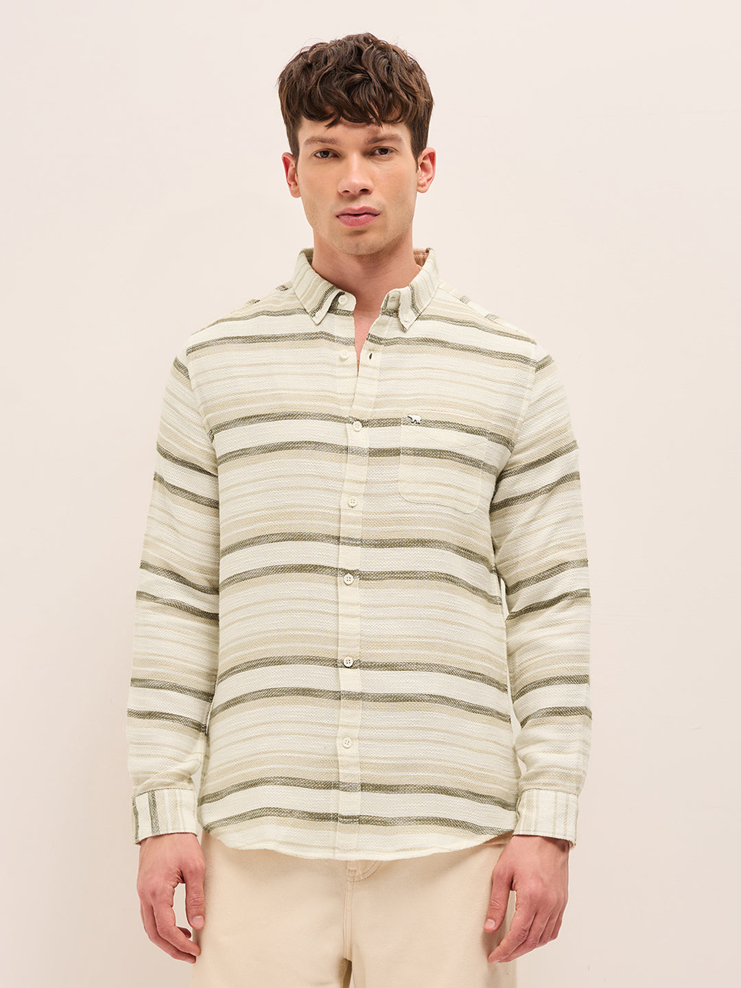 Beige Slim Fit Casual Shirt with Woven Horizontal Textured Stripes