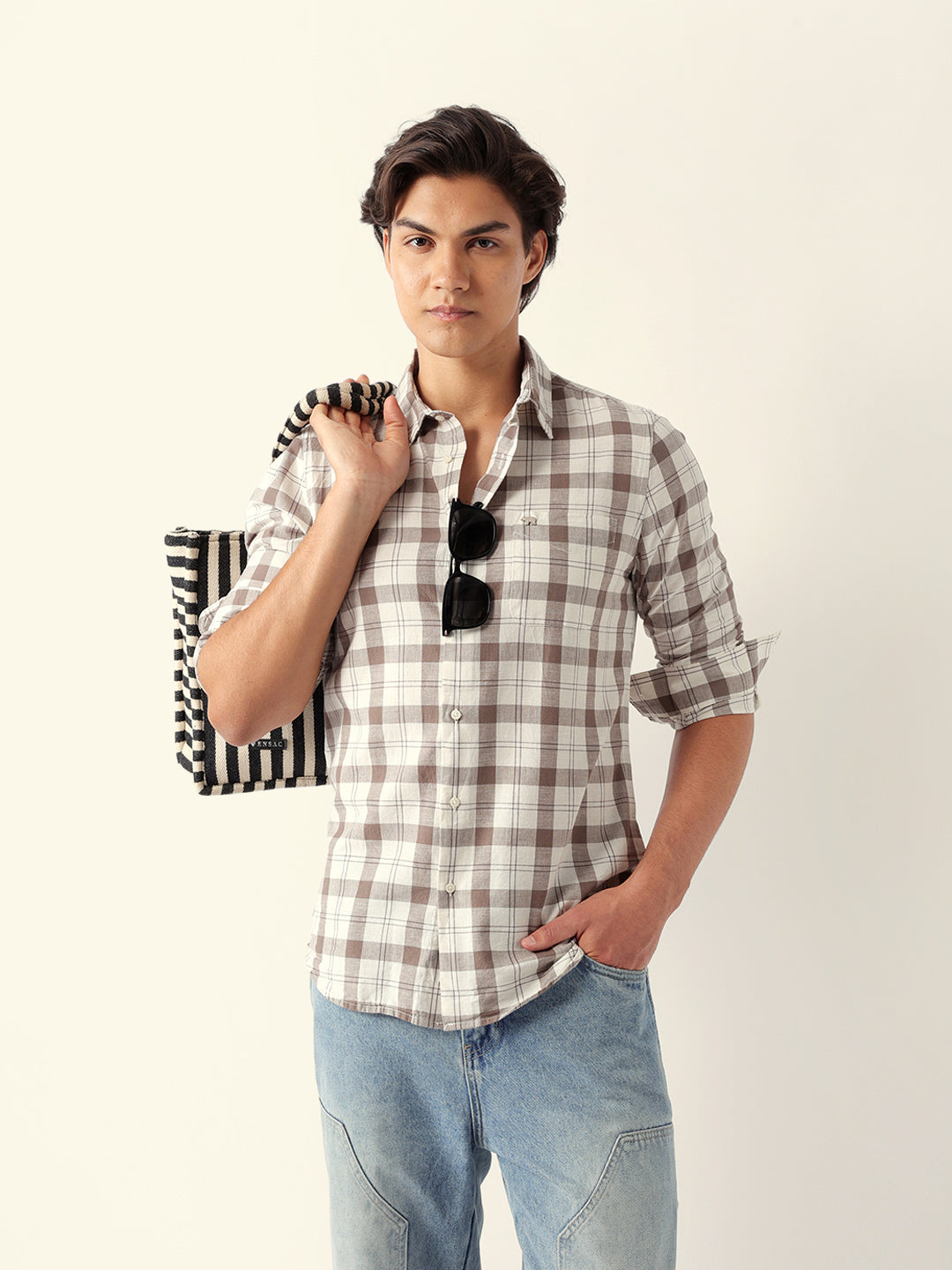 Cream & Brown Woven Checked Slim Fit Casual Shirt