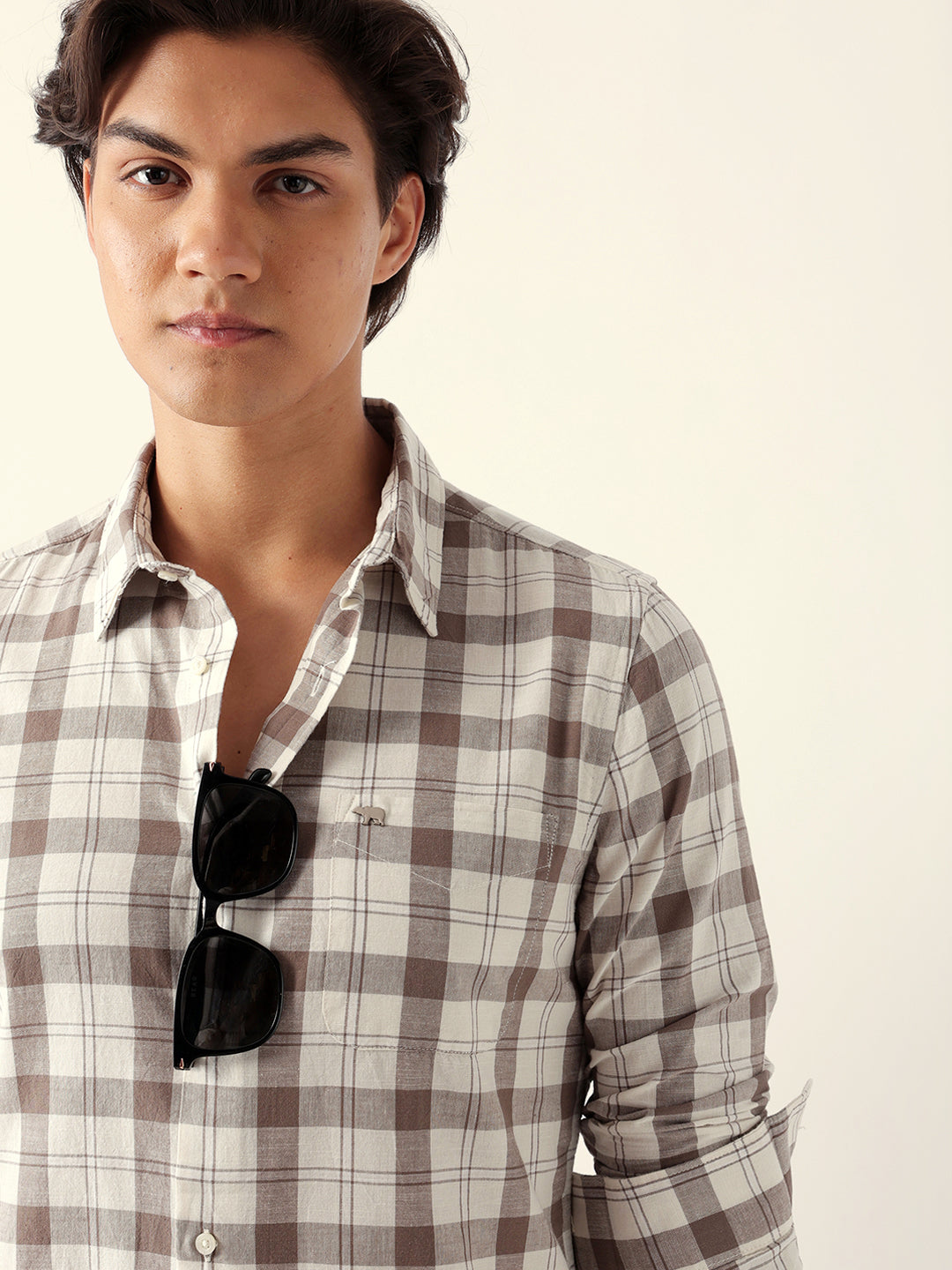 Cream & Brown Woven Checked Slim Fit Casual Shirt