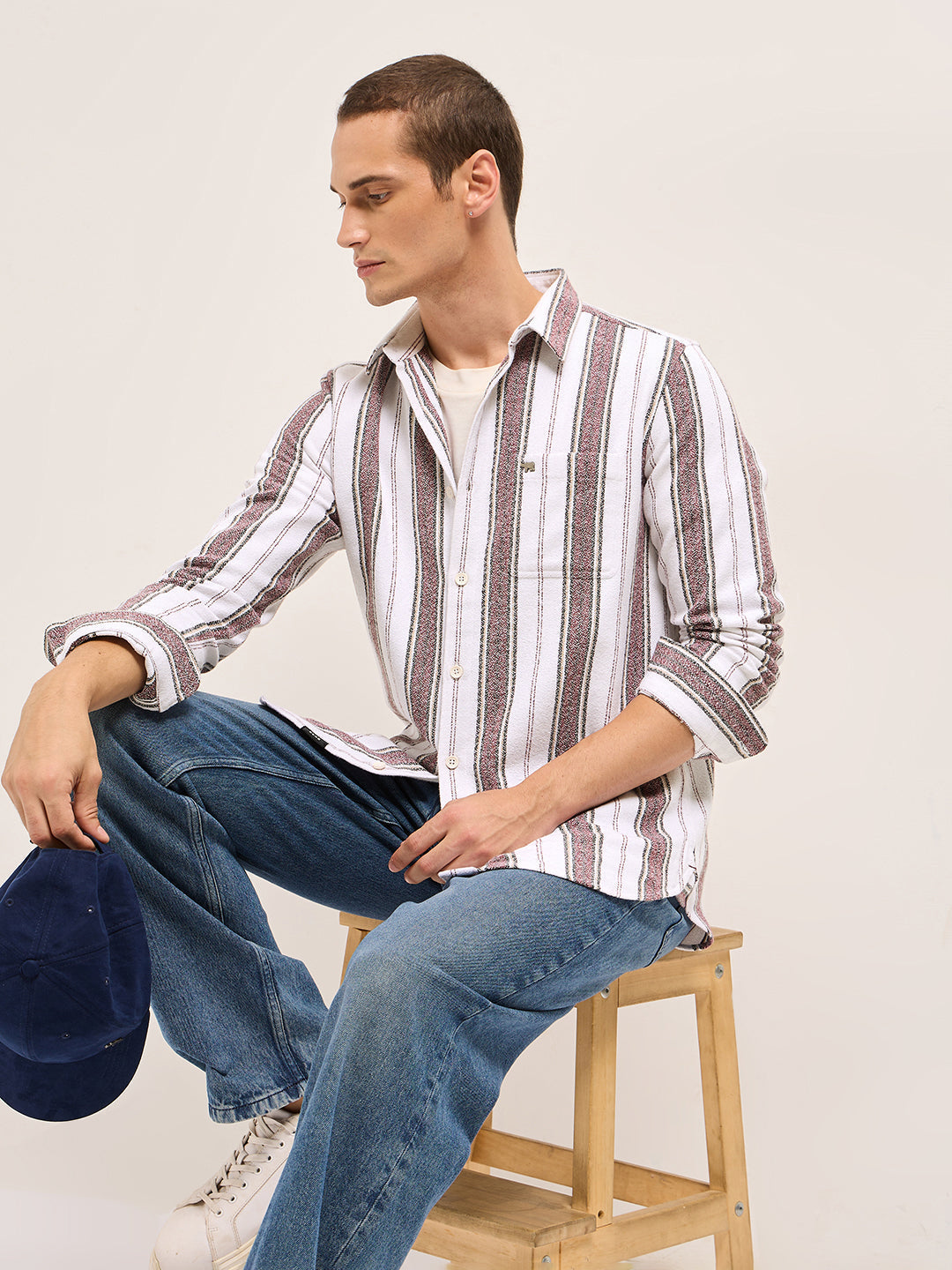 White Vertical Stripe Woven Flannel Slim Fit Casual Shirt