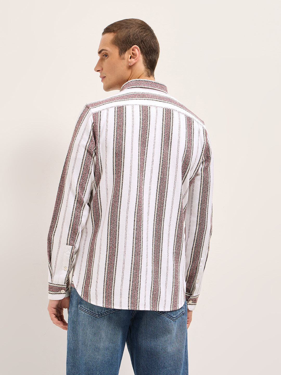 White Vertical Stripe Woven Flannel Slim Fit Casual Shirt