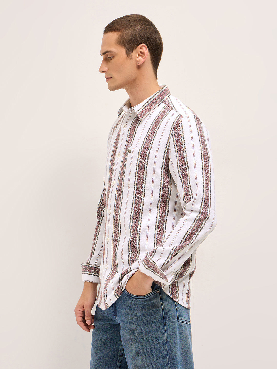 White Vertical Stripe Woven Flannel Slim Fit Casual Shirt
