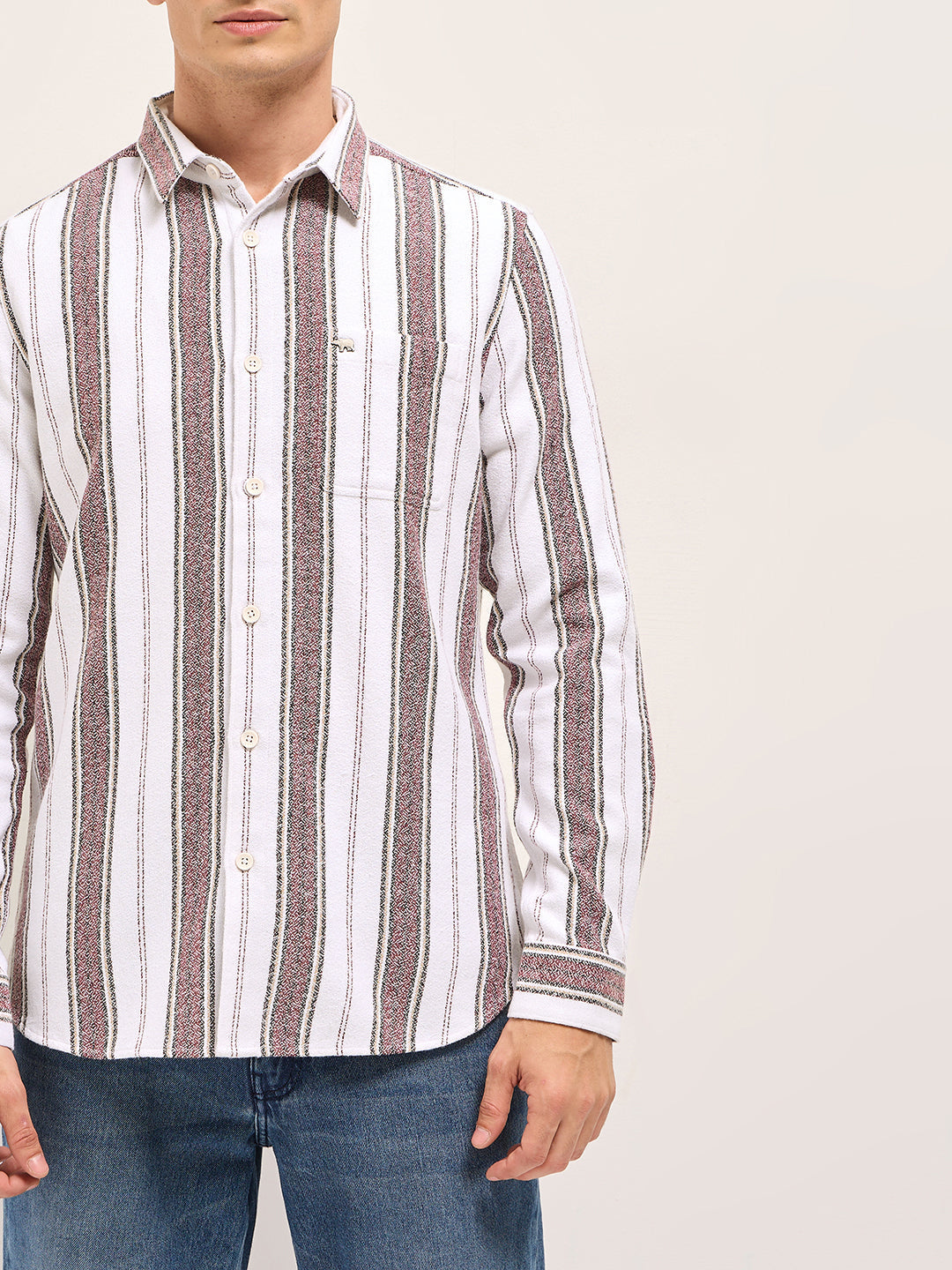 White Vertical Stripe Woven Flannel Slim Fit Casual Shirt