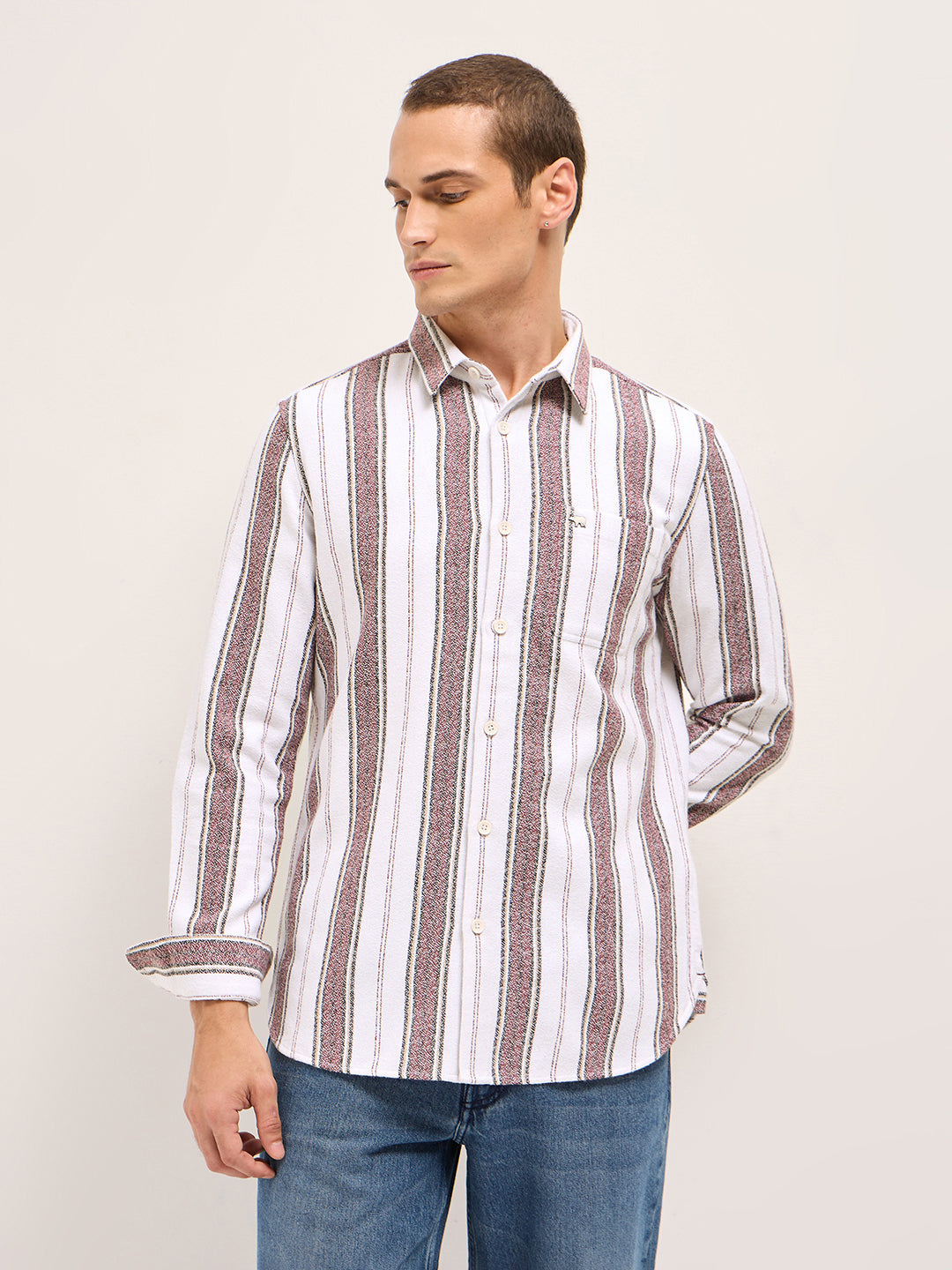 White Vertical Stripe Woven Flannel Slim Fit Casual Shirt