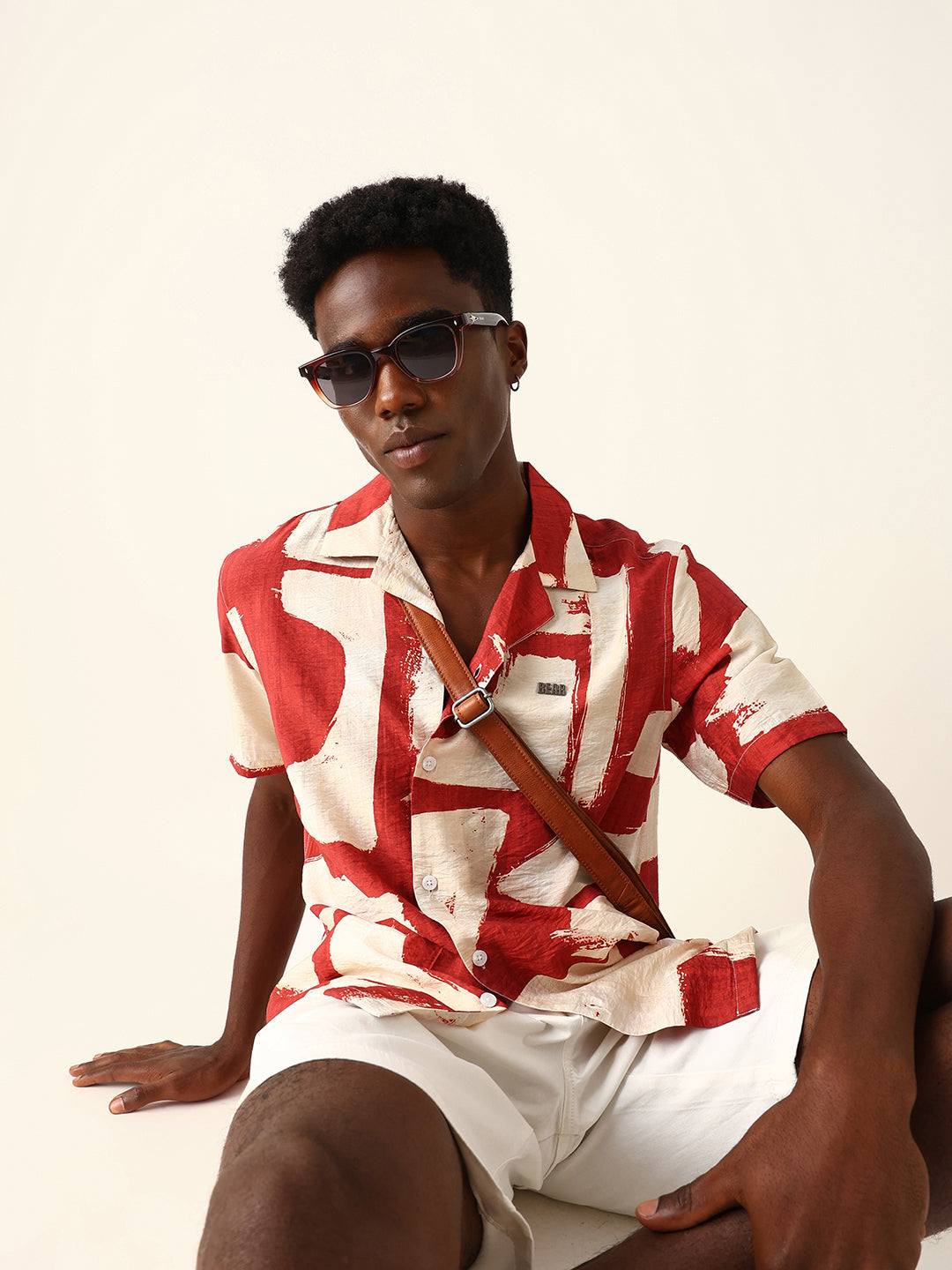 Red & Beige Abstract Brushstroke Printed Relaxed Fit Short Sleeve Shirt