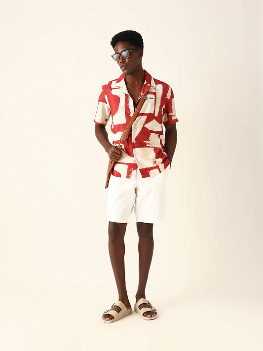 Red & Beige Abstract Brushstroke Printed Relaxed Fit Short Sleeve Shirt