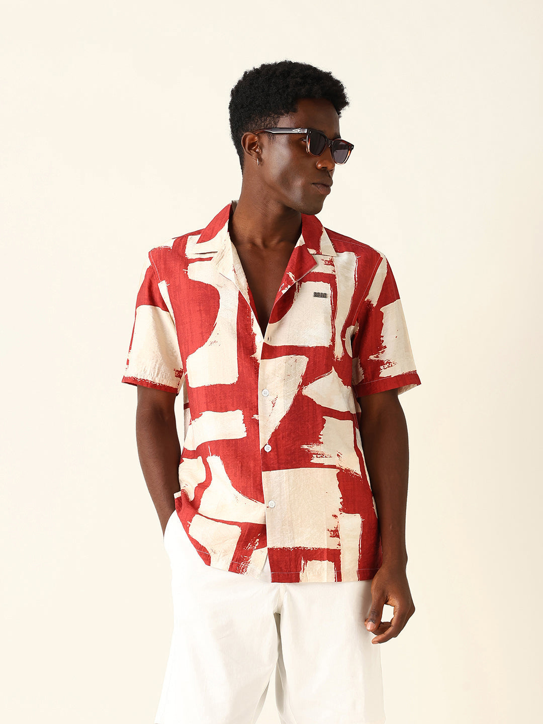 Red & Beige Abstract Brushstroke Printed Relaxed Fit Short Sleeve Shirt