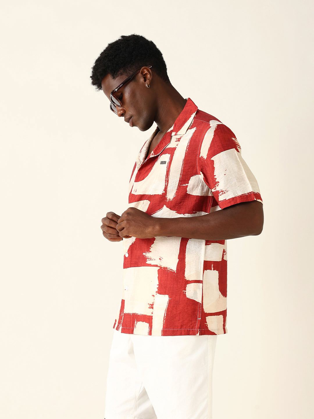 Red & Beige Abstract Brushstroke Printed Relaxed Fit Short Sleeve Shirt