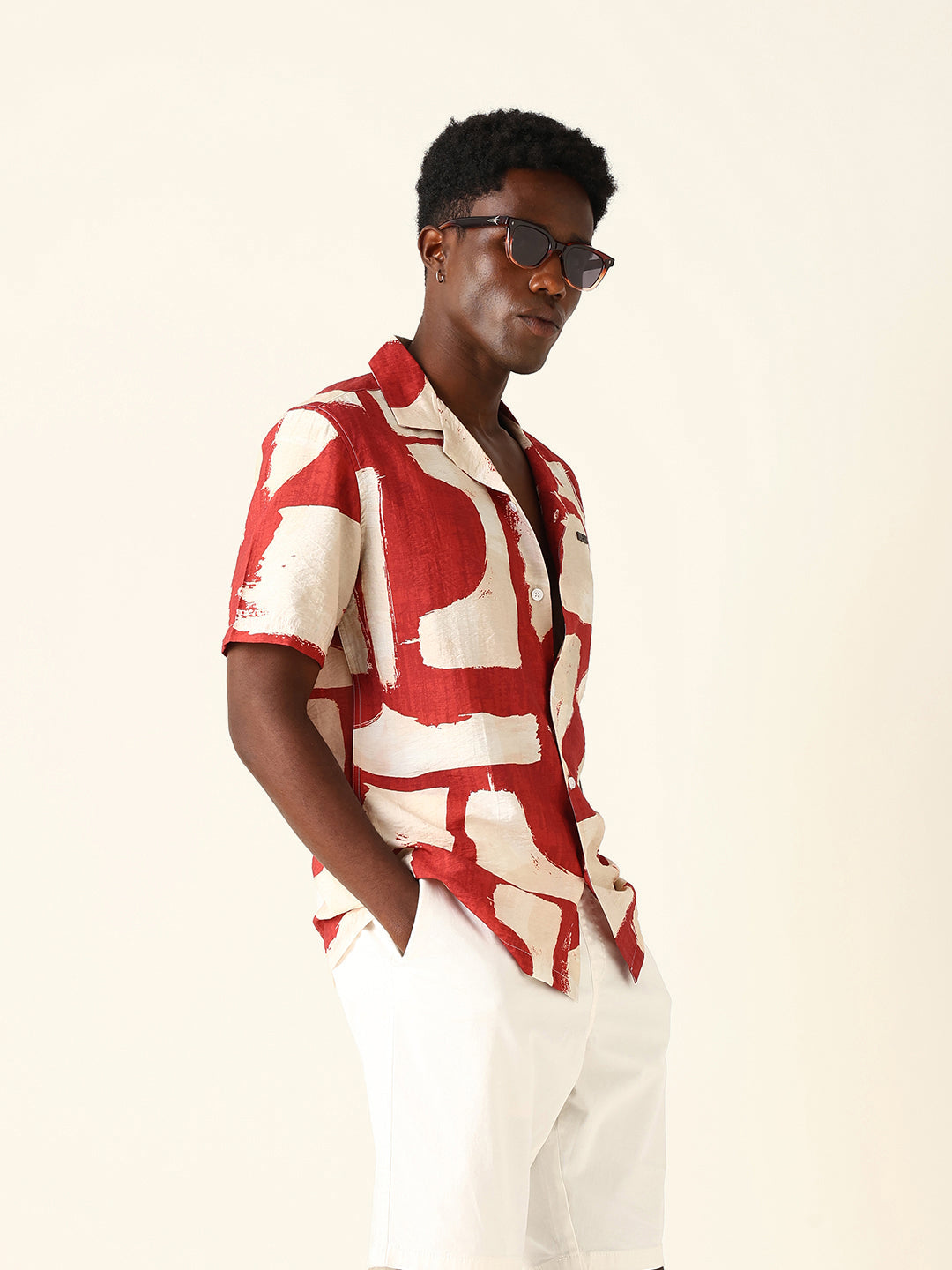 Red & Beige Abstract Brushstroke Printed Relaxed Fit Short Sleeve Shirt
