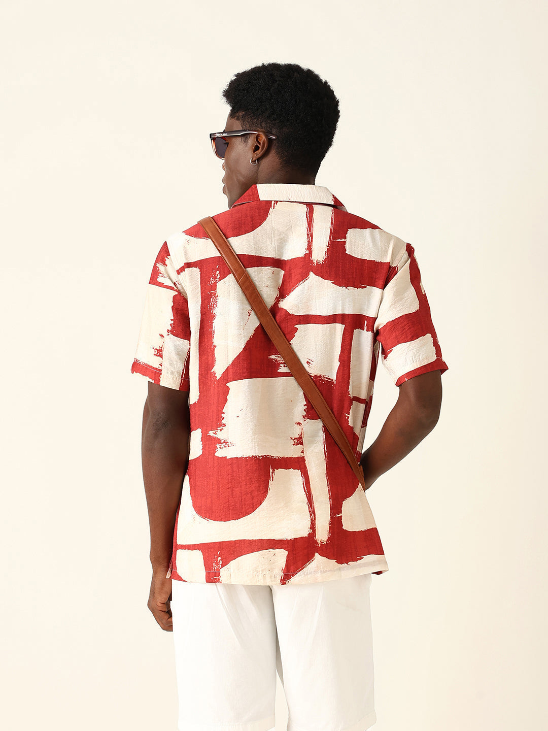 Red & Beige Abstract Brushstroke Printed Relaxed Fit Short Sleeve Shirt