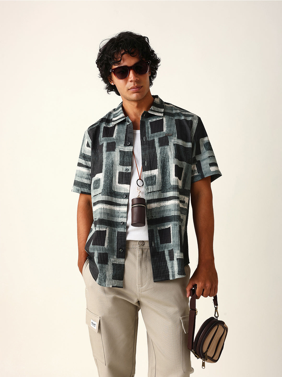 Green & Black Abstract Geometric Printed Relaxed Fit Casual Shirt