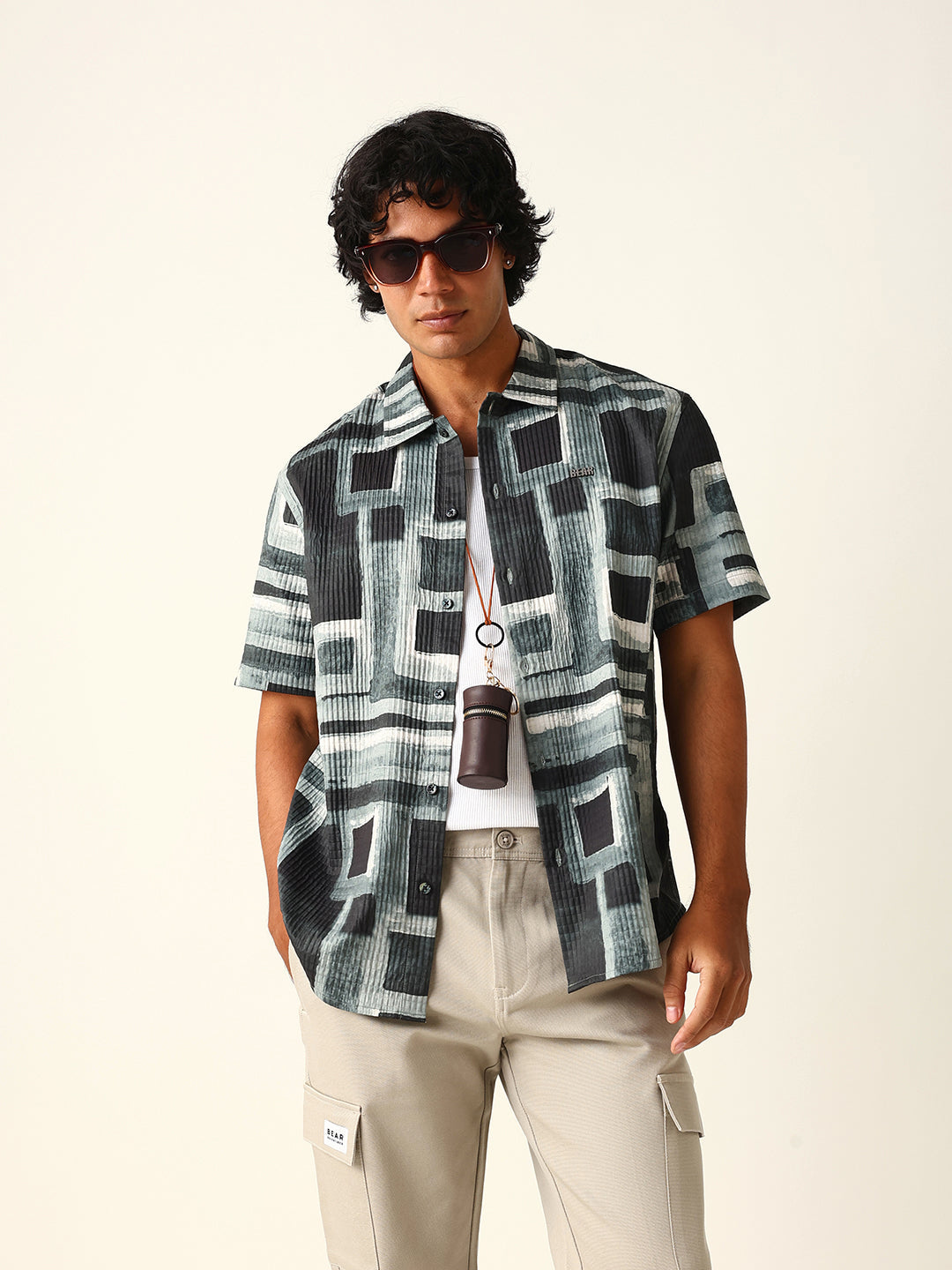 Green & Black Abstract Geometric Printed Relaxed Fit Casual Shirt
